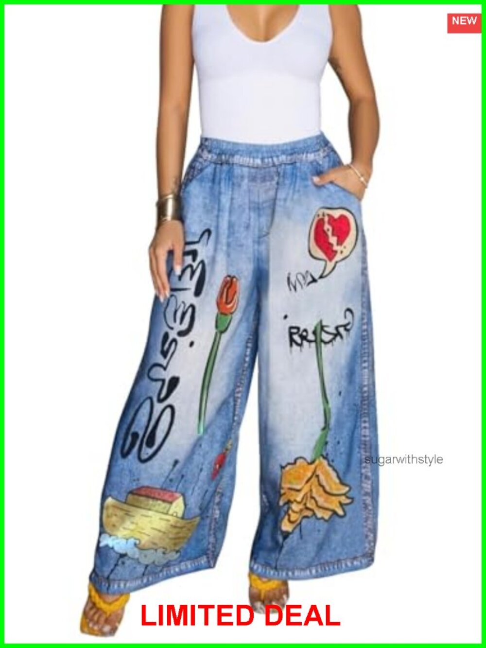 Womens High Waisted Wide Leg Bow Jeans Floral Denim Pants